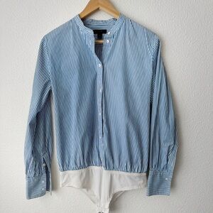 J Crew Blue and White Striped Button Up bodysuit blouse